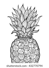Ananas, pineapple, exotic fruit with floral pattern. Vector ananas. Coloring book page for adult. Hand drawn pineapple artwork. Summer concept for party card, ticket, branding. Black, white pineapple