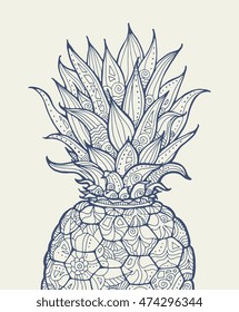 Ananas, pineapple, exotic fruit with floral pattern. Vector ananas, pineapple. Hand drawn ananas, pineapple. Summer concept for party card, ticket, branding, logo, label. Monochrome grey, beige colors
