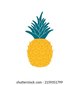 Ananas or pineapple tropical fruit isolated flat cartoon style icon. Vector exotic pineapple with bunch of leaves, tropical food snack. Summer juicy vegetarian ripe organic dessert, whole ananas