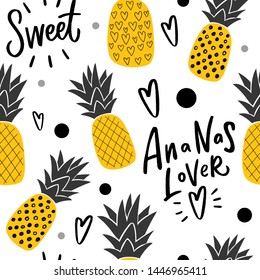 Ananas seamless pattern with hand lettering for print, decor, textile. Kids pattern with pineapples.