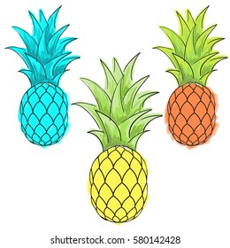 Ananas vector set.Three tropical pineapple isolated on white background