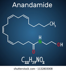 Anandamide molecule. It is endogenous cannabinoid neurotransmitter. Structural chemical formula and molecule model on the dark blue background. Vector illustration