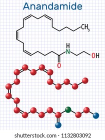 Anandamide molecule. It is endogenous cannabinoid neurotransmitter. Structural chemical formula and molecule model. Sheet of paper in a cage. Vector illustration