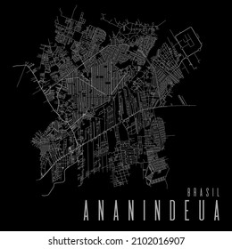 Ananindeua city vector map poster. Brazil municipality square linear street map, administrative municipal area, white lines on black background, with title.