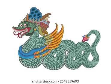 Anantaboga wayang puppet, dragon, snake character, Indonesian shadow puppet show, vector illustration.