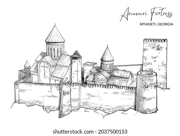 Ananuri fortress in Mtskheta-Mtianeti region in Georgia. Black line drawing isolated on white background.