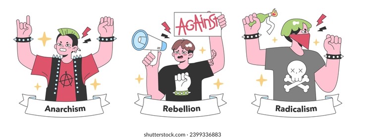 Anarchism and rebellion themed illustrations, capturing the essence of radicalism with vivid characters. Portraying spirited dissent and challenge. Flat vector illustration