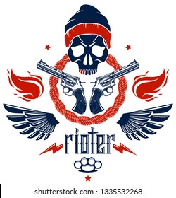 Anarchy and Chaos aggressive emblem or logo with wicked skull, weapons and different design elements , vector vintage scull tattoo, rebel gangster criminal and revolutionary.