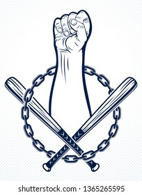 Anarchy and Chaos aggressive emblem or logo with strong clenched fist, vector vintage style tattoo, rebel rioter partisan and revolutionary.