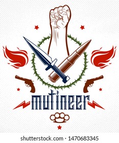 Anarchy and Chaos aggressive emblem or logo with strong clenched fist, weapons and different design elements , vector vintage style tattoo, rebel rioter partisan and revolutionary.