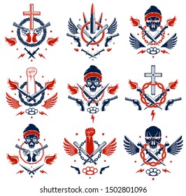 Anarchy and Chaos aggressive emblem or logo with strong clenched fist, aggressive skull, bullets and guns, weapons and different design elements , vector tattoo, rebel and revolutionary.