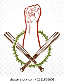 Anarchy and Chaos aggressive emblem or logo with strong clenched fist, vector vintage style tattoo, rebel rioter partisan and revolutionary.