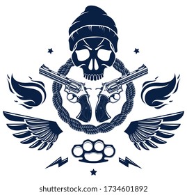 Emblema agresivo de anarquía y caos con cráneo malvado, armas y diferentes elementos de diseño, tatuaje vectorial de la escoria, criminal rebelde y revolucionario.