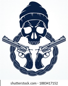 Anarquía y caos emblema agresivo o logo con cráneo malvado, tatuaje vectorial de la escoria, criminal rebelde y revolucionario.