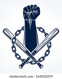 Anarchy And Chaos Aggressive Emblem Or Logo With Strong Clenched Fist, Vector Vintage Style Tattoo, Rebel Rioter Partisan And Revolutionary.
