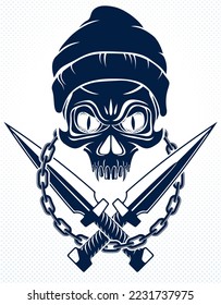 Anarchy and Chaos aggressive emblem or logo with wicked skull, vector vintage scull tattoo, rebel gangster criminal and revolutionary.