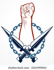 Anarchy and Chaos aggressive emblem or logo with strong clenched fist, vector vintage style tattoo, rebel rioter partisan and revolutionary.