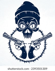 Anarquía y caos emblema agresivo o logo con cráneo malvado, tatuaje vectorial de la escoria, criminal rebelde y revolucionario.