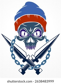 Anarchy and Chaos aggressive emblem or logo with wicked skull, vector vintage scull tattoo, rebel gangster criminal and revolutionary.
