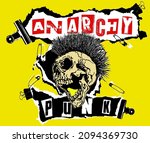 Anarchy Punk. Screaming skull head with mohawk hair isolated on yellow background.