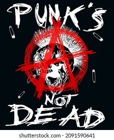 Símbolo de anarquía con cabeza de cráneo de mohawk negativa y texto de Punk No muerto. Ilustración dibujada a mano por vectores.