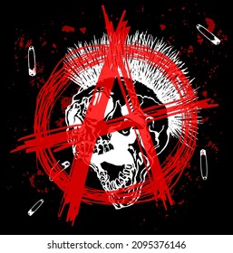 Anarchy symbol with a negative mohawk hair screaming skull head. Vector hand drawn illustration.