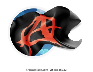 Anarchy, vector 3d flag against a blue sky, through a round hole on a white background