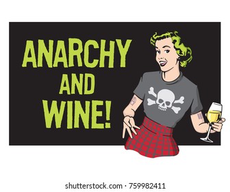 Anarchy and Wine Punk Rock Housewife Vector Design
Retro housewife illustration wearing punk rock clothes and drinking wine.