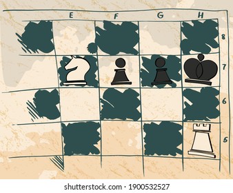 Anastasia's checkmate chess position. Famous chess games with pieces on the board. Chess tournament mastery, briiliant move. White delivers mate to black's king. Logo, banner for chess school, online.