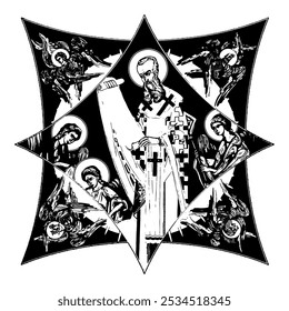 Anastasius I Dicorus on cross dome with 4 apostles, angels and seraphim. Ink illustration black and white in Byzantine style isolated