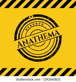 Anathema black grunge emblem inside yellow warning sign. Vector Illustration. Detailed.