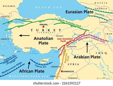 Anatolian Plate tectonics map. Most of the country of Turkey is located on this continental tectonic plate, that is separated from the Eurasian and Arabian Plate by the North and East Anatolian Fault.
