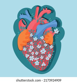 Anatomic flat heart with little white flowers and leaves. Papercut effect vector illustration