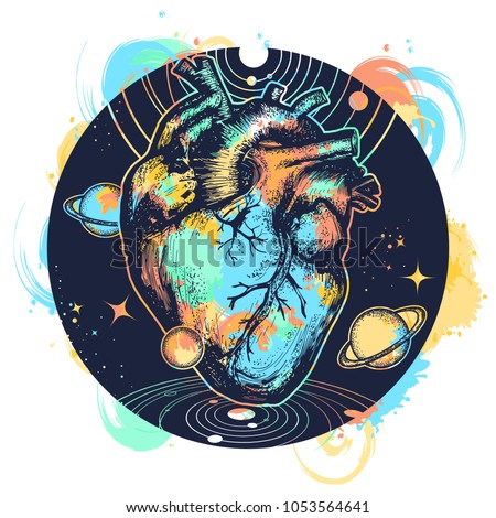 Anatomic heart among galaxies and planets. Symbol of love, philosophy, psychology, imagination, dream 