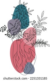 Anatomic heart with plants.	
Vector line illustration with color shapes	