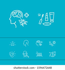 Anatomic icons set with ambulance call, test tubes and neurology elements. Set of anatomic icons and aesthetic concept. Editable vector elements for logo app UI design.