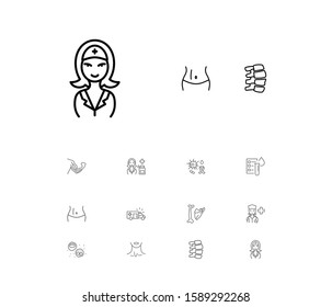 Anatomic icons set with blood test, pharmacy and muscles elements. Set of anatomic icons and waist concept. Editable vector elements for logo app UI design.