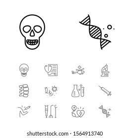 Anatomic icons set with crutches, microscope and spine elements. Set of anatomic icons and cranium concept. Editable vector elements for logo app UI design.