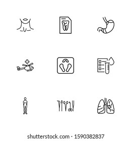Anatomic icons set with lung, tooth x-ray and surgery tools elements. Set of anatomic icons and measurement concept. Editable vector elements for logo app UI design.