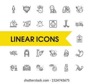 Anatomic icons set with medical center, thymus and neck elements. Set of anatomic icons and microscopic concept. Editable vector elements for logo app UI design.