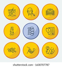 Anatomic icons set with muscles, medical center and diagnostic elements. Set of anatomic icons and epidermis concept. Editable vector elements for logo app UI design.