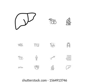 Anatomic icons set with pill, human body and diabetes elements. Set of anatomic icons and hepatic concept. Editable vector elements for logo app UI design.