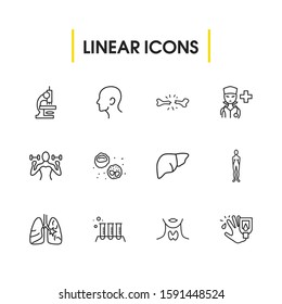 Anatomic icons set with thyroid, crack in bone and lung elements. Set of anatomic icons and throat concept. Editable vector elements for logo app UI design.