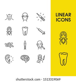 Anatomic icons set with tooth, brain and pill elements. Set of anatomic icons and throat concept. Editable vector elements for logo app UI design