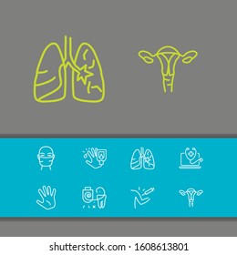 Anatomic icons set with tooth floss, online healthcare and diabetes elements. Set of anatomic icons and syringe concept. Editable vector elements for logo app UI design.