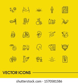Anatomic icons set with vaccination, diagnostic and bone joint elements. Set of anatomic icons and syringe concept. Editable vector elements for logo app UI design.