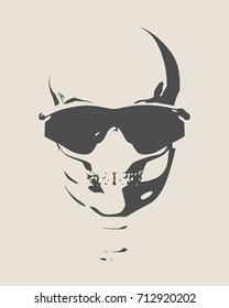 Anatomic skull in sunglasses. Detailed illustration of human skull.