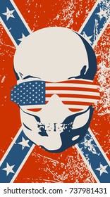 Anatomic skull in sunglasses textured by flag of USA. Detailed illustration of human skull. Flag of the Confederate States of America in grunge style