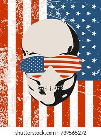 Anatomic skull in sunglasses textured by flag of USA. Detailed illustration of human skull. Grunge distressed backdrop