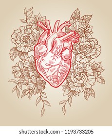 Anatomical heart in beautiful flowers